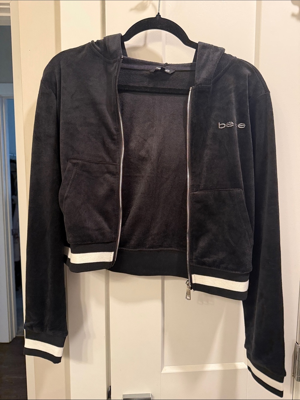 bebe Black Velour Zip-Up Hoodie with Striped Trim - Picture 7 of 7